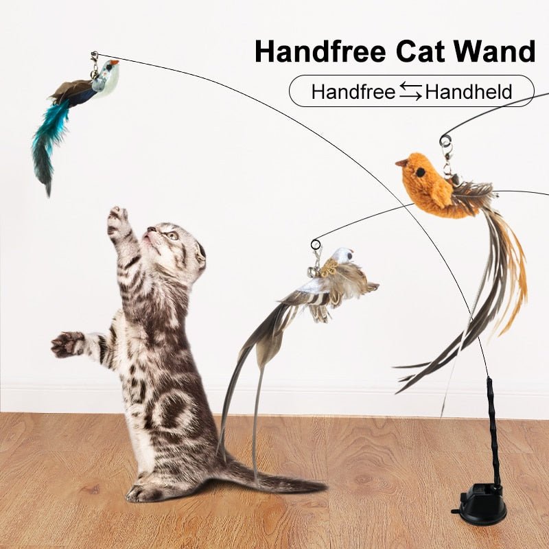 Handfree Bird/Feather Cat Wand with Bell Powerful Suction Cup Interactive Toys for Cats Kitten Hunting Exercise Pet Products - YourCatNeeds